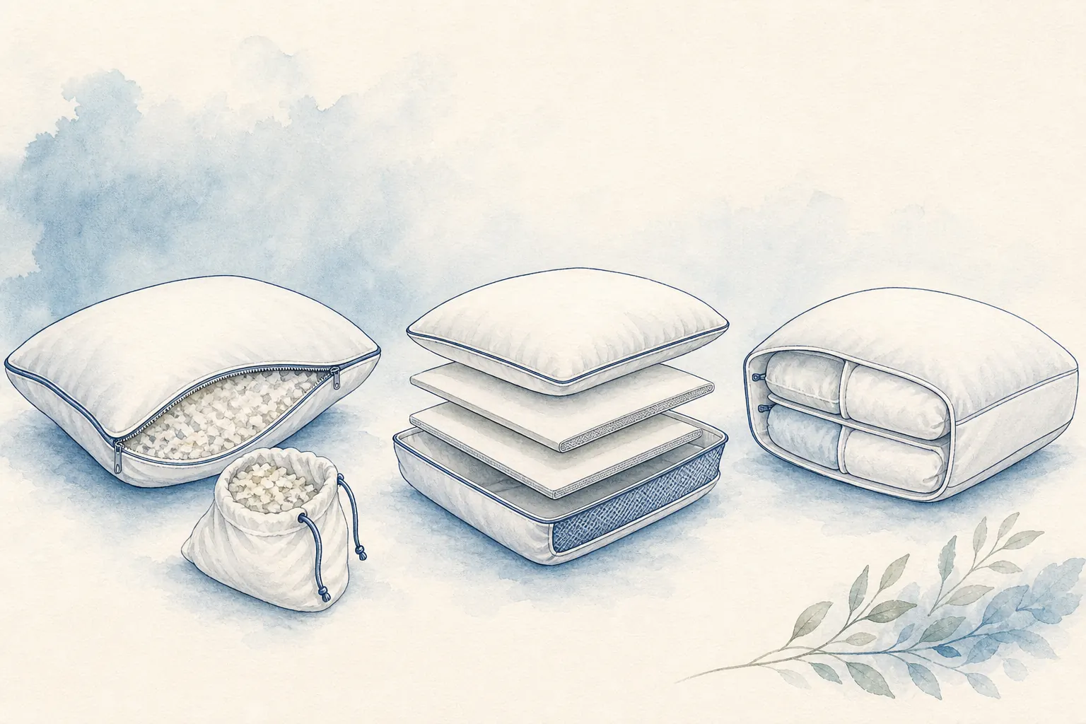 Watercolor comparison of loose-fill, removable-layer and chambered adjustable pillows