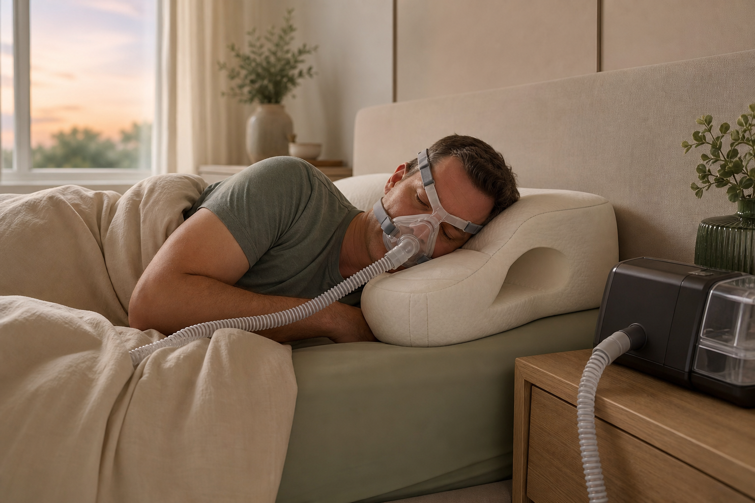 Side sleeper wearing a generic CPAP mask with the mask resting freely in a contoured pillow cutout