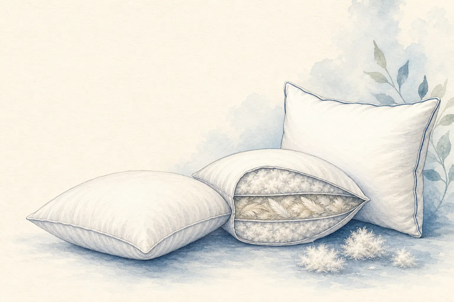 Watercolor comparison of soft, chambered and high-loft down pillow constructions