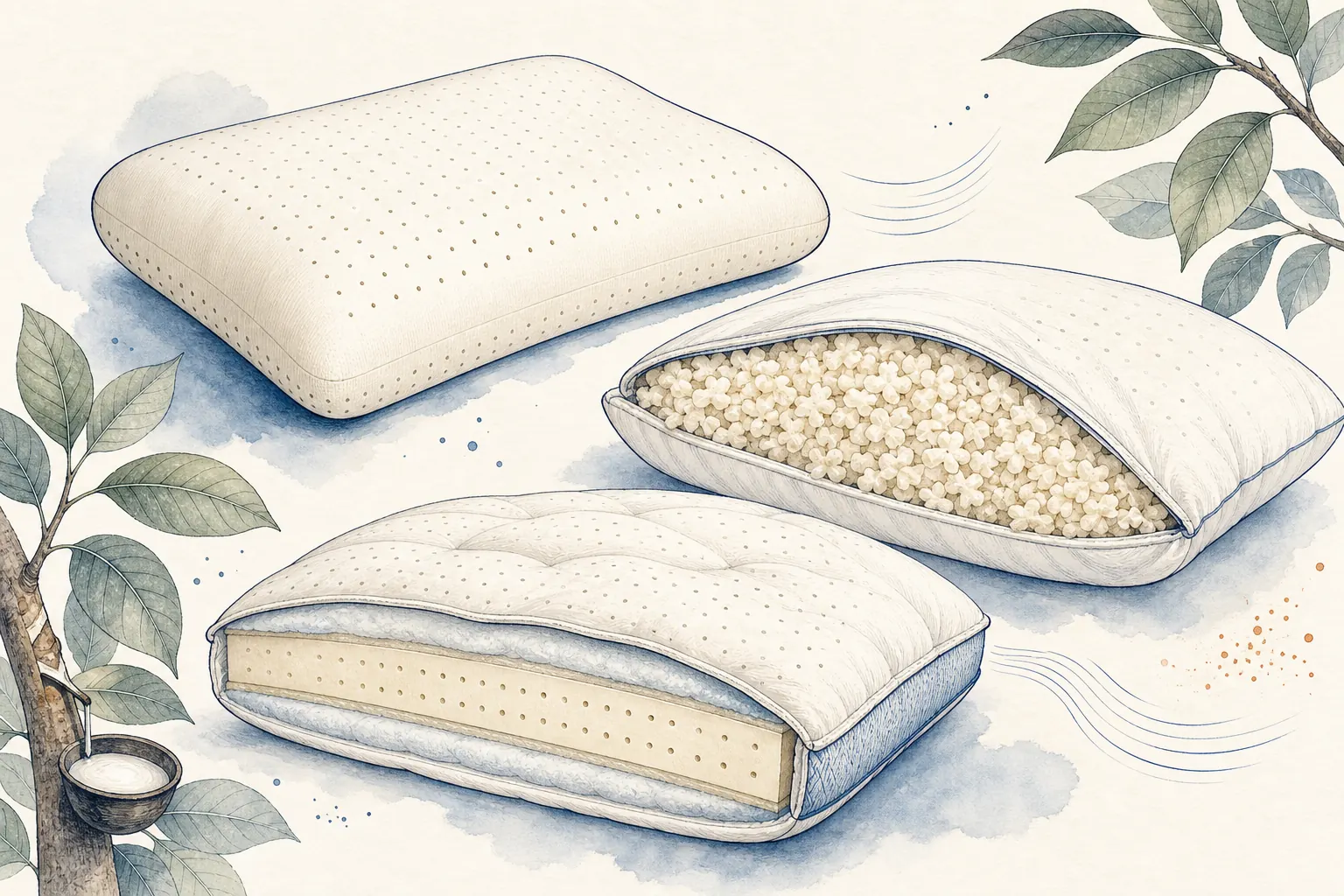Watercolor cutaway of molded, shredded and layered latex pillow constructions
