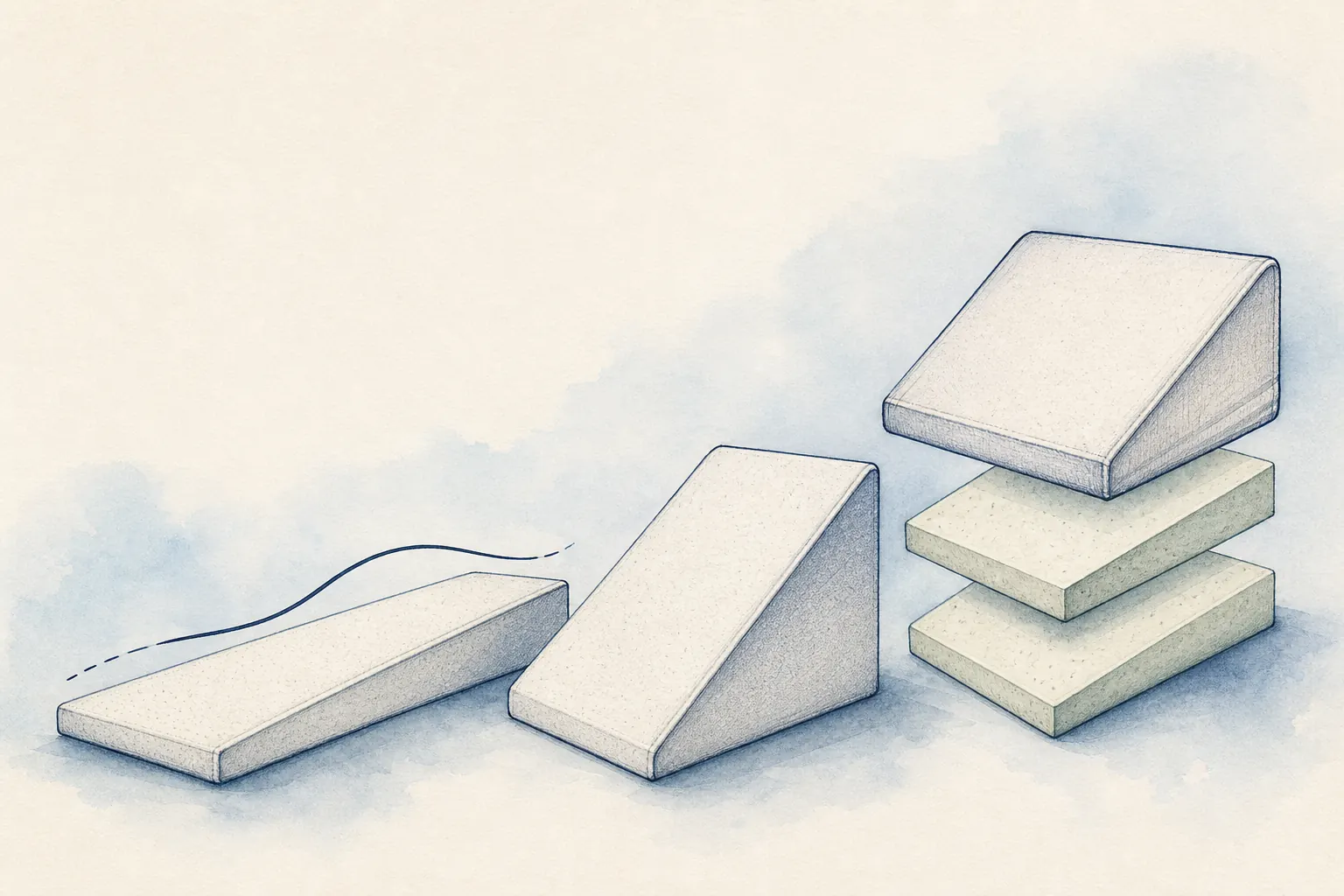 Watercolor comparison of low, medium and layered adjustable wedge pillow geometries