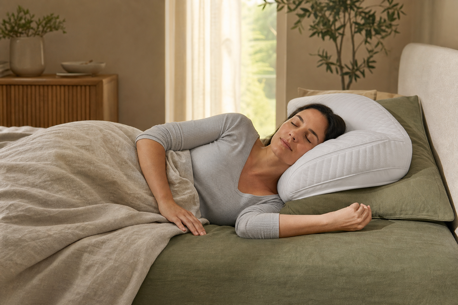 Combination sleeper rolling from the side toward the back on an adjustable white pillow