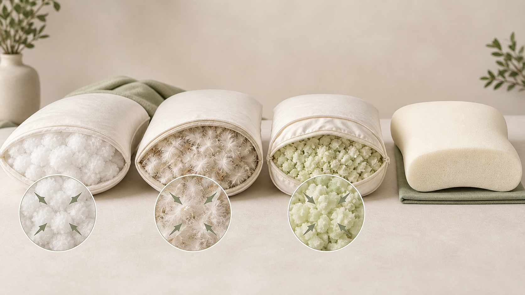 Polyester, down, shredded foam and solid foam pillow constructions compared side by side