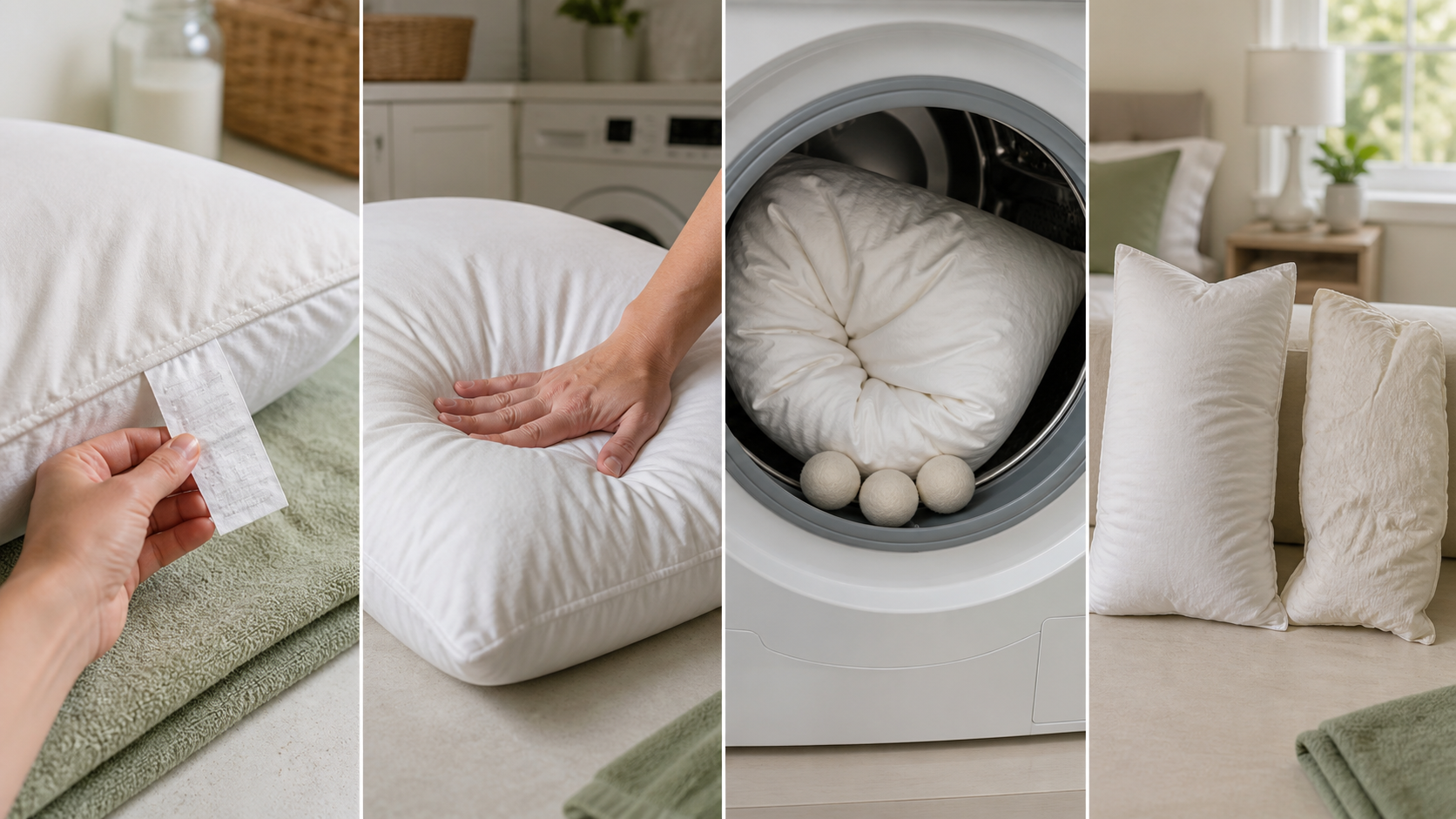 Four-step pillow check covering the care tag, center moisture, dryer balls and replacement decision