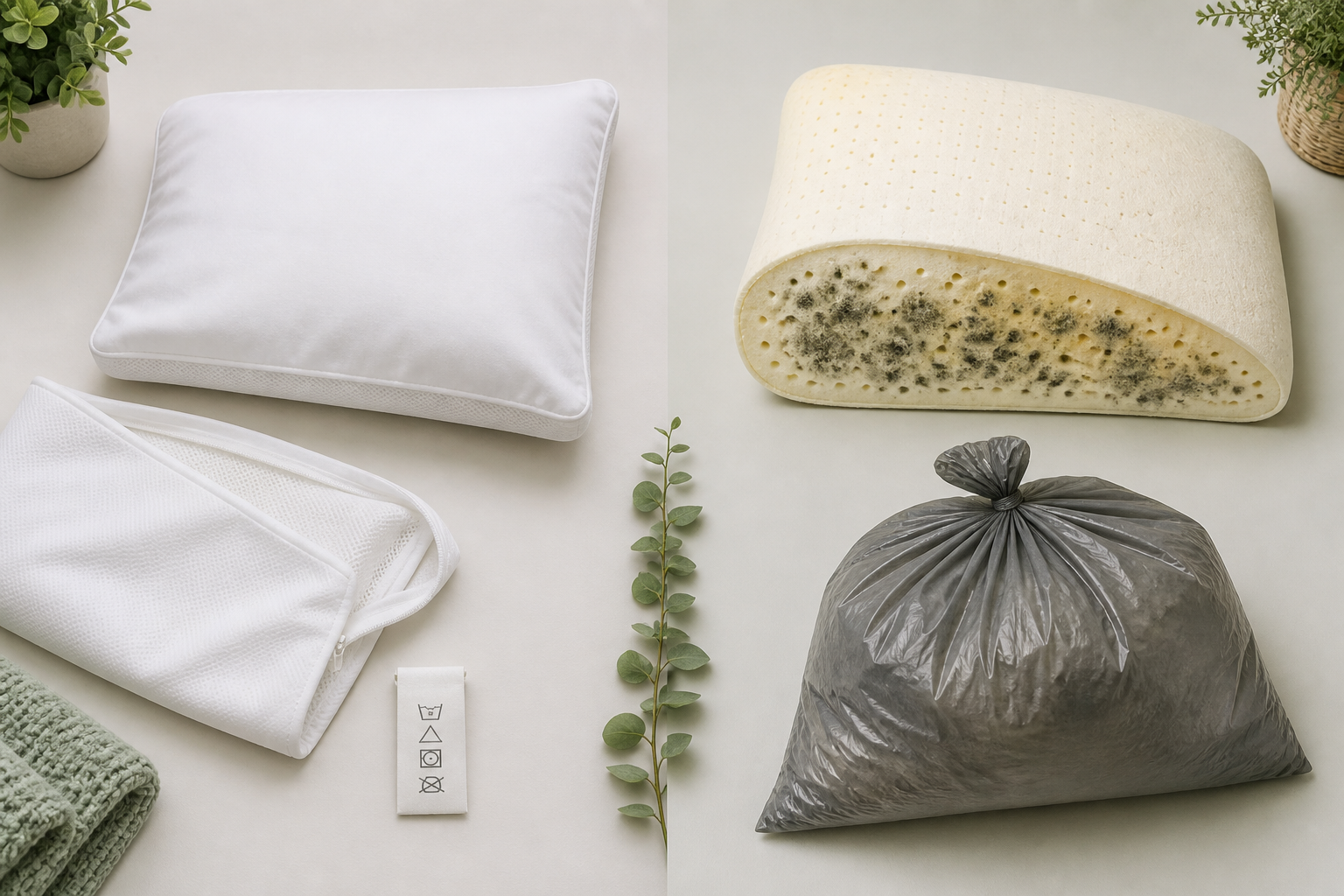 Clean washable pillow cover compared with spotted porous pillow foam prepared for disposal