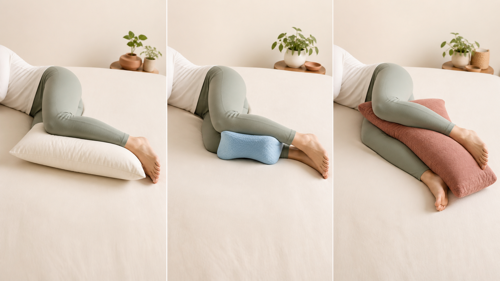 Regular pillow, contoured knee pillow, and body pillow supporting a side sleeper's legs