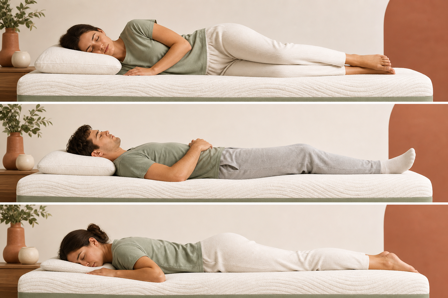 Side, back, and stomach sleeping examples showing different useful pillow heights