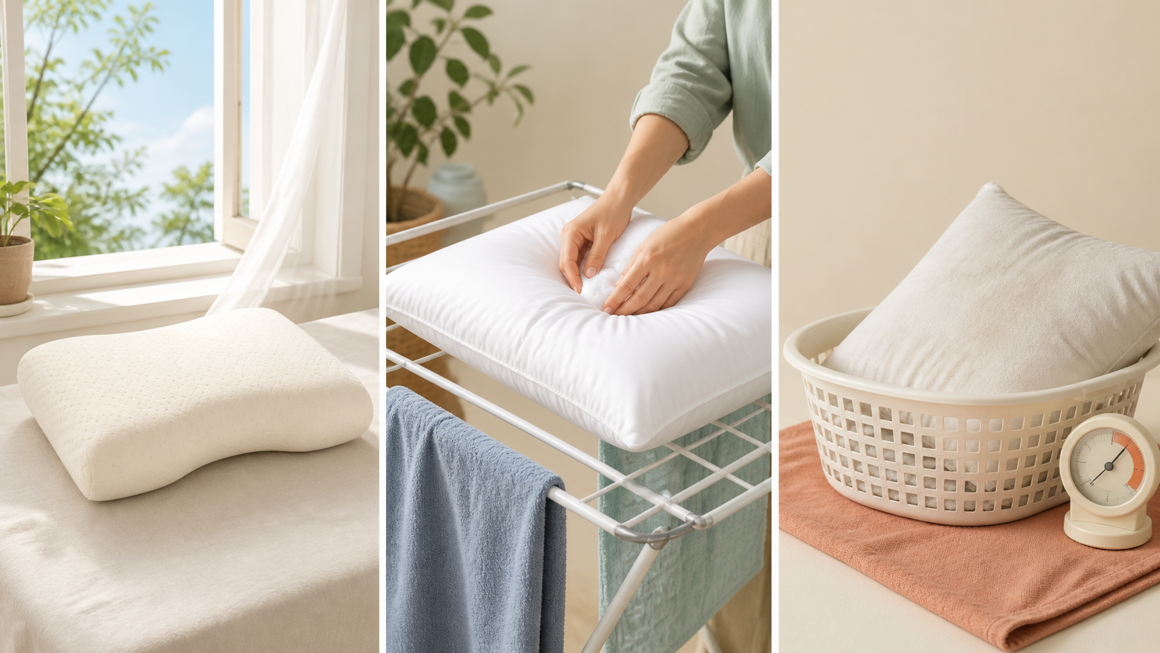 New foam airing, a washed fiber pillow drying, and a musty pillow isolated for inspection