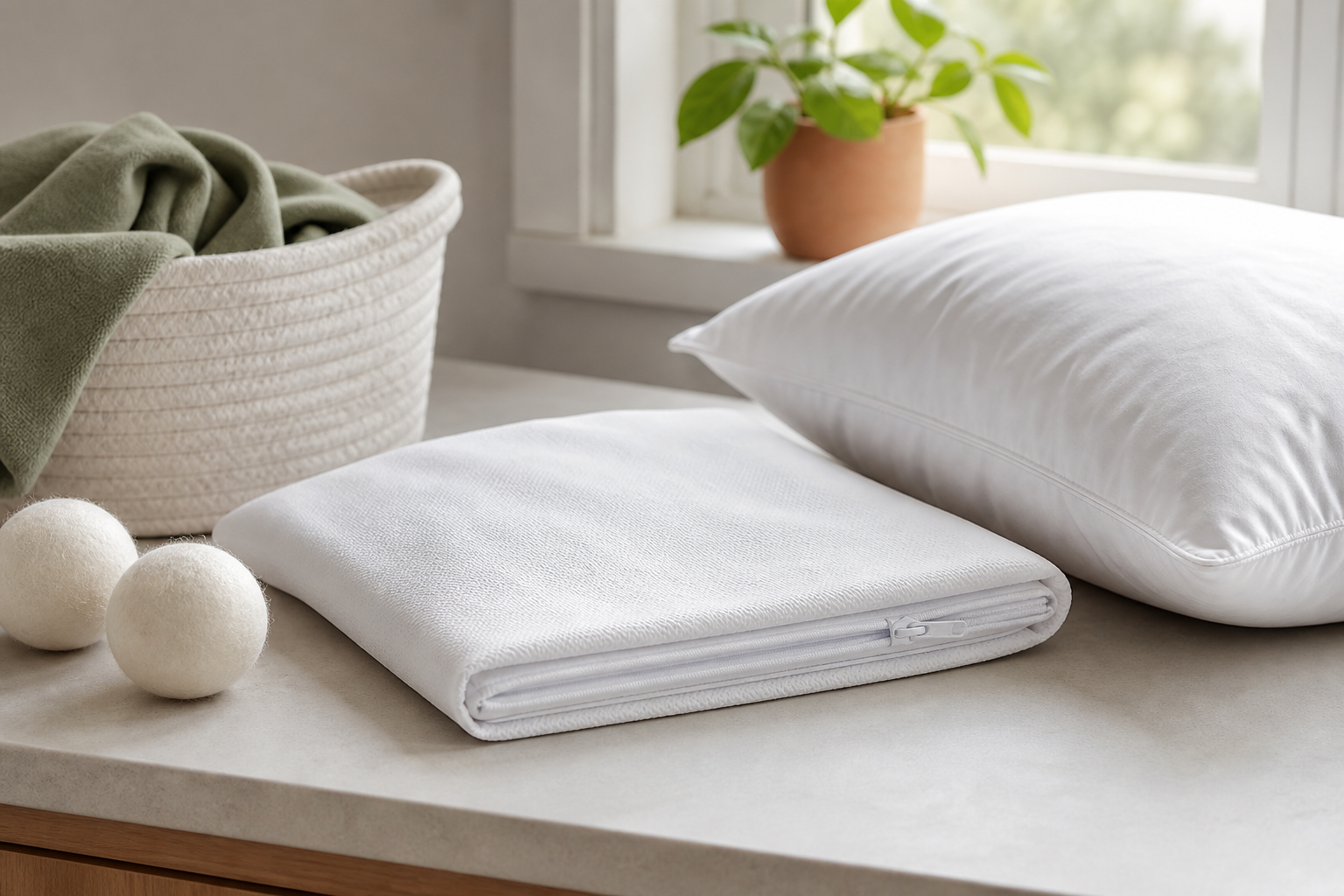 Folded zippered pillow protector beside a pillow and laundry accessories