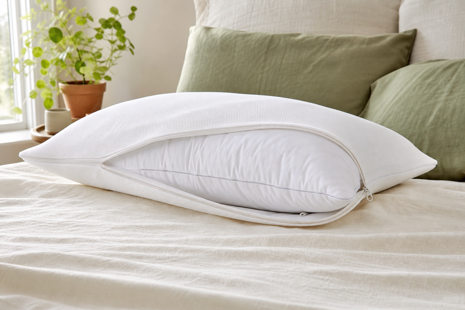 White pillow partly enclosed in a zippered pillow protector on a calm bed