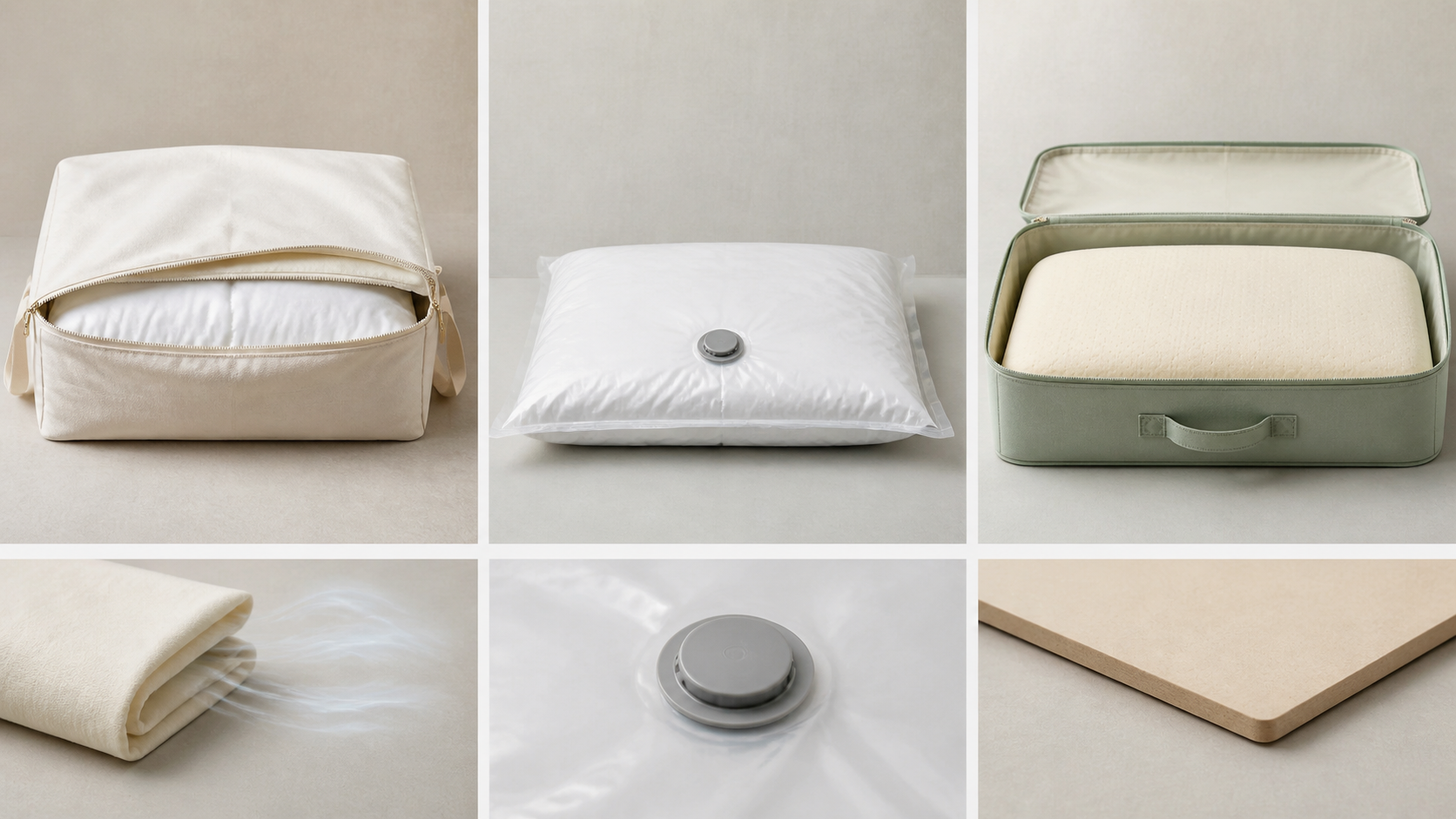 Down pillow in a cotton bag, synthetic pillow in a vacuum bag, and solid foam pillow lying flat in a storage case