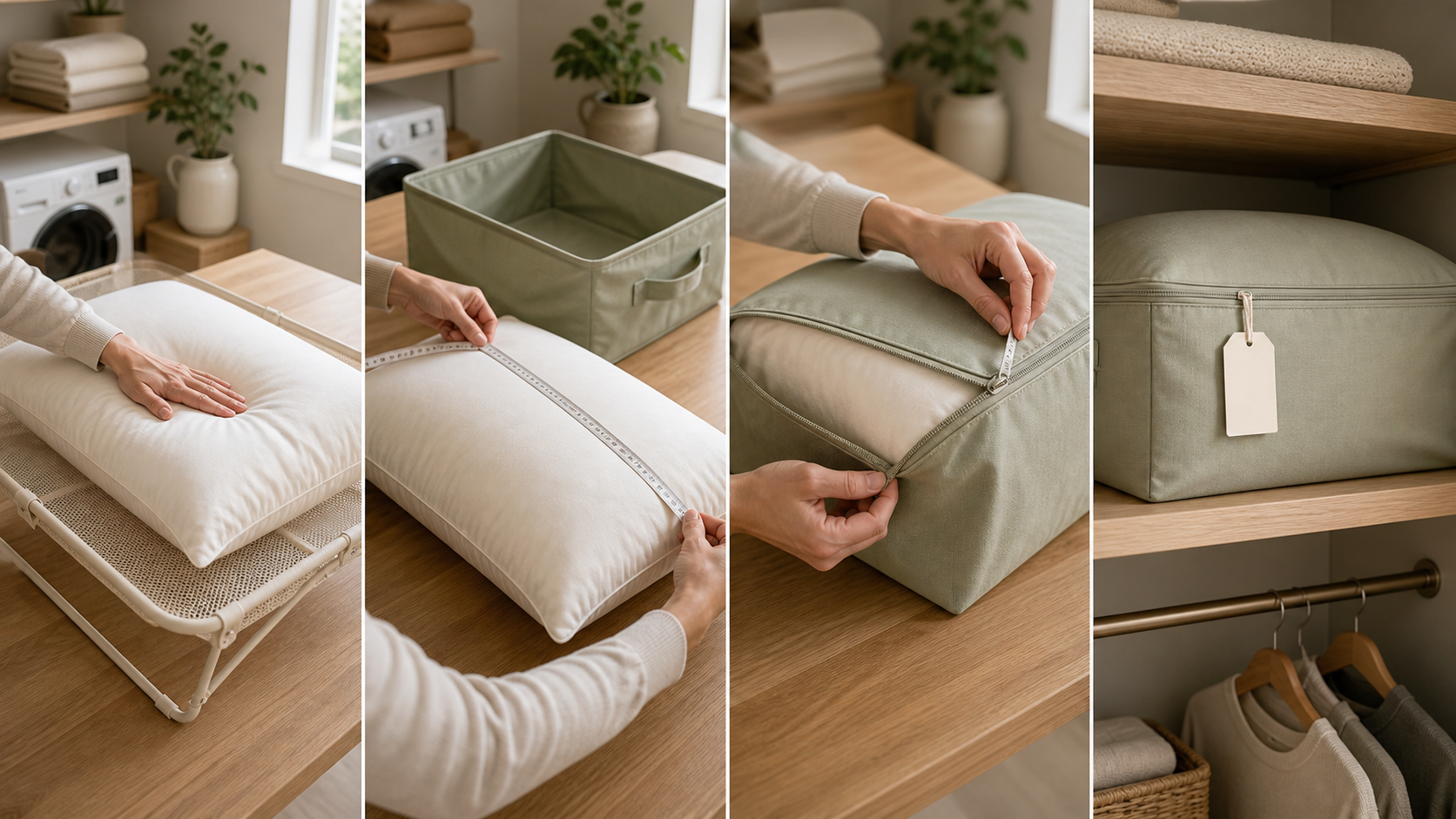 Four-step check showing a dry pillow, measuring, zipper inspection, and a storage bag on a closet shelf