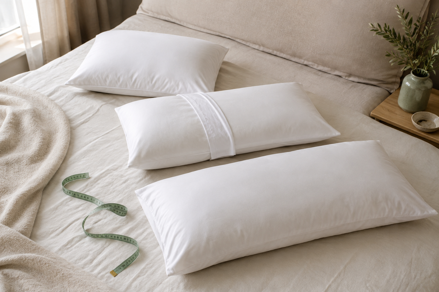 Standard, queen and king pillows arranged by length beside a measuring tape on a neutral bed