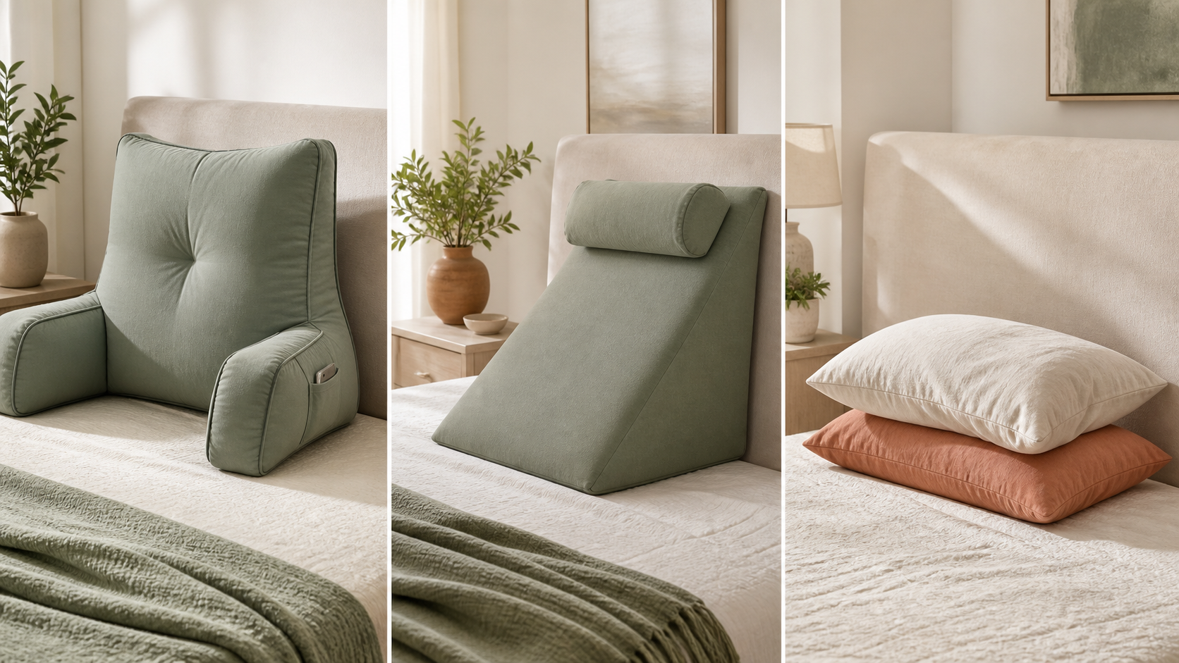 Classic reading pillow with arms, wedge pillow with neck roll, and two ordinary pillows compared side by side