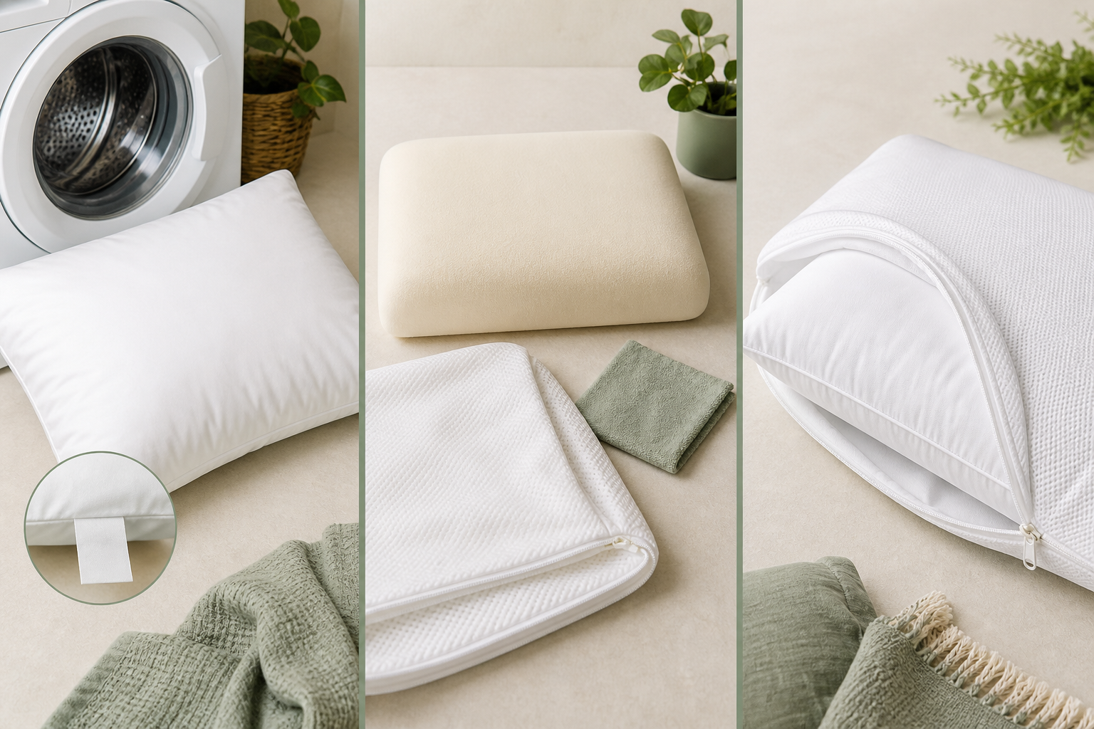 Machine-washable fiber pillow, dry-cleaned foam pillow and zippered protector shown as separate care cases