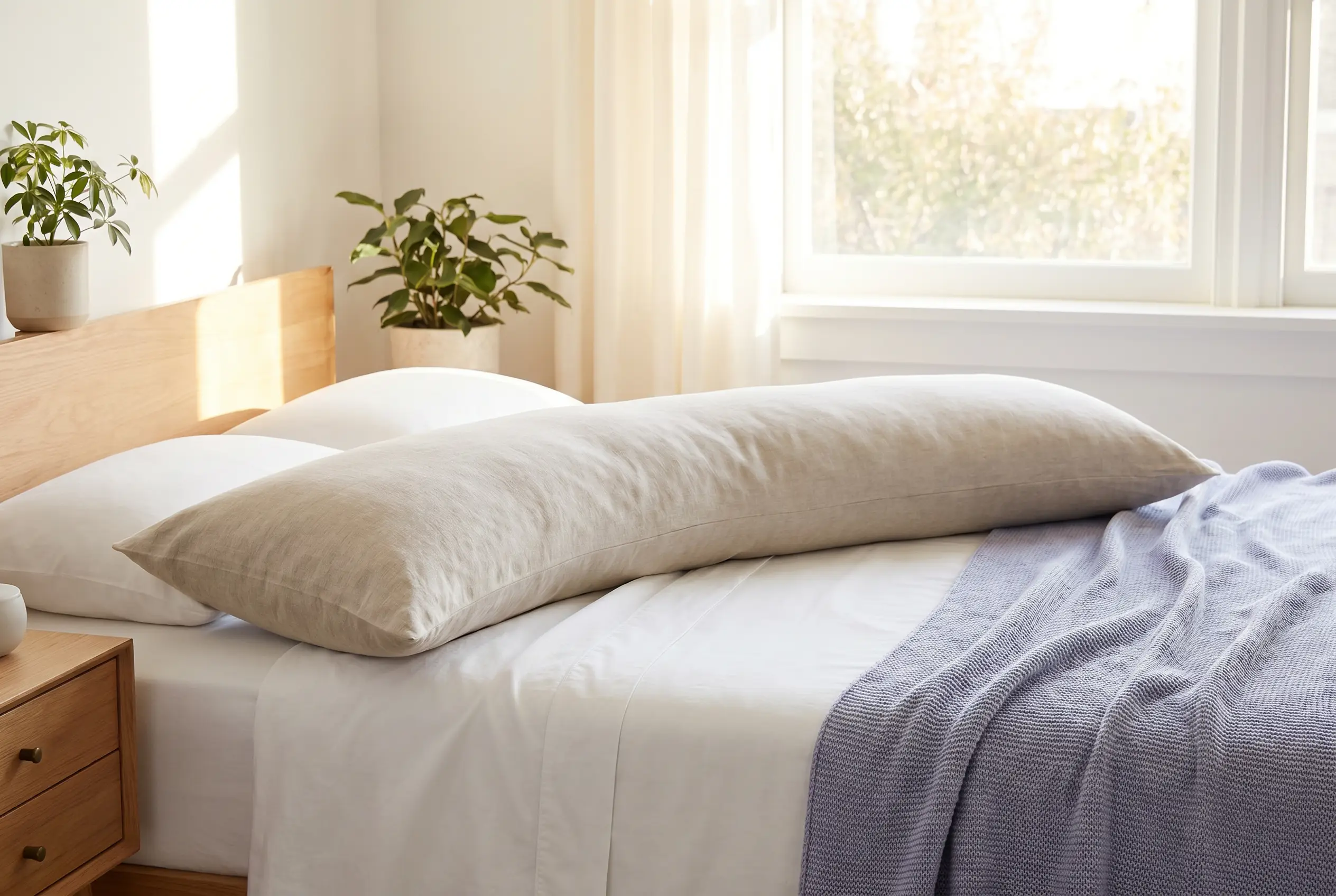 A full-length body pillow curved along a neatly made white bed