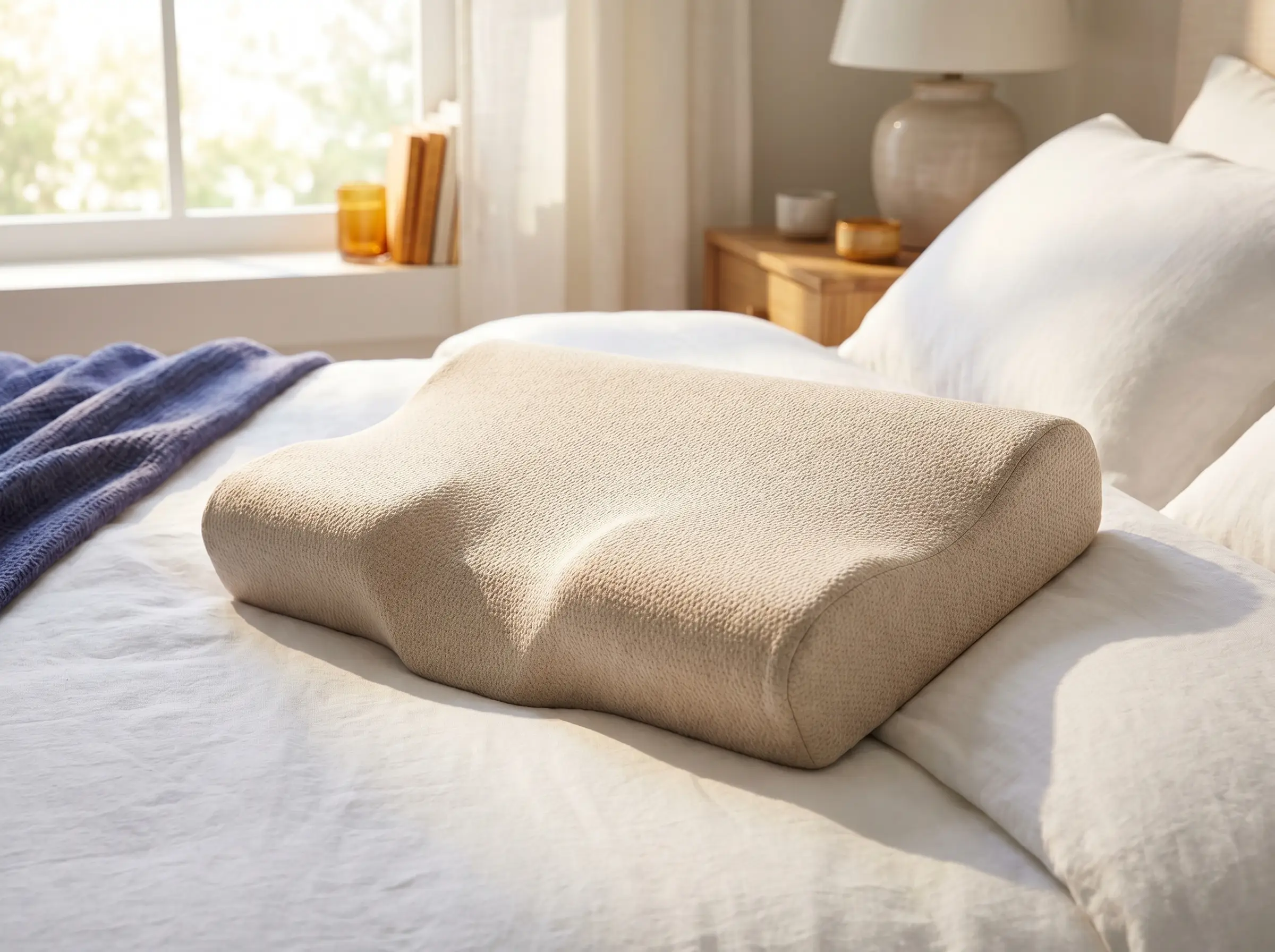 An ergonomic contour cervical pillow with a center dip and raised neck bolster on a white bed.