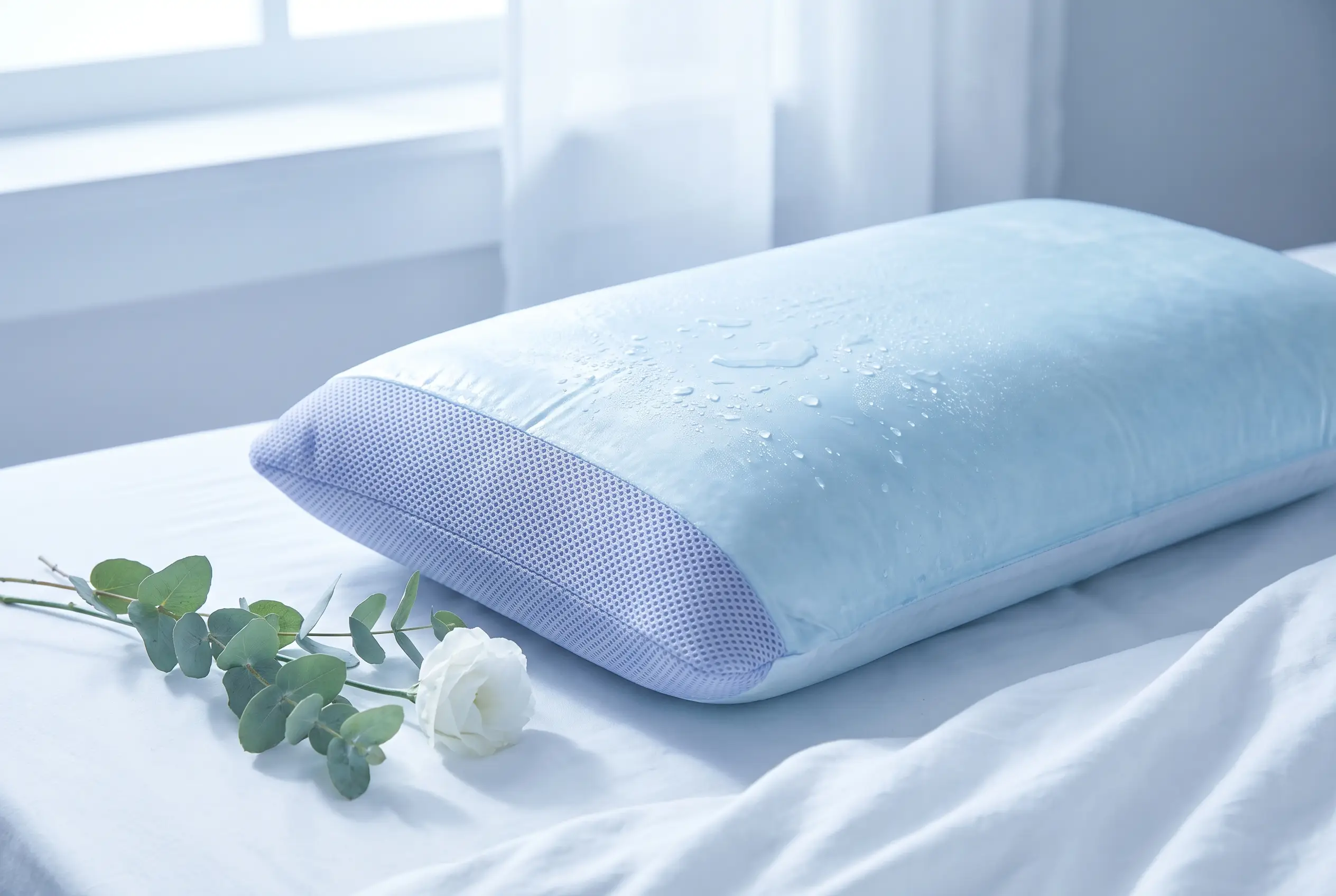 A cooling pillow with a breathable mesh side gusset on crisp white linen