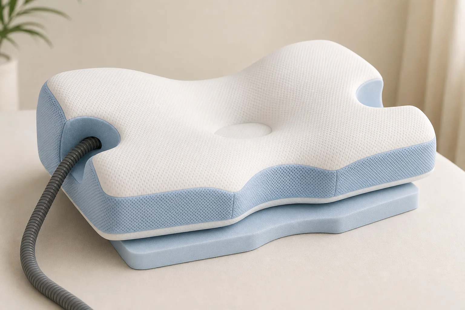 Voorbeeld van een generiek CPAP-contourkussen met zijuitsparingen en een losse hoogtelaag