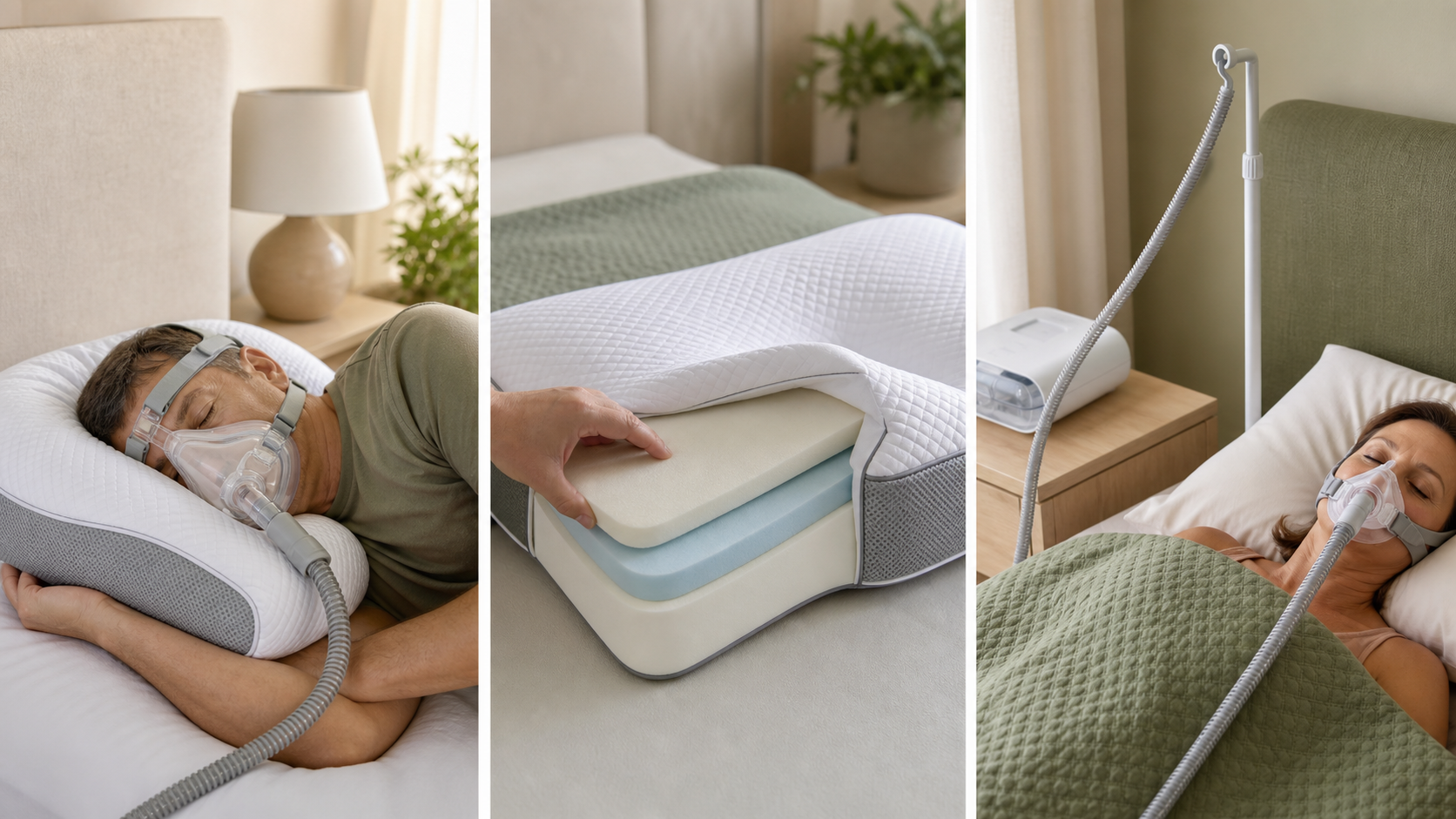 CPAP pillow cutout, removable height layers and a separate hose holder shown in three practical bedroom examples