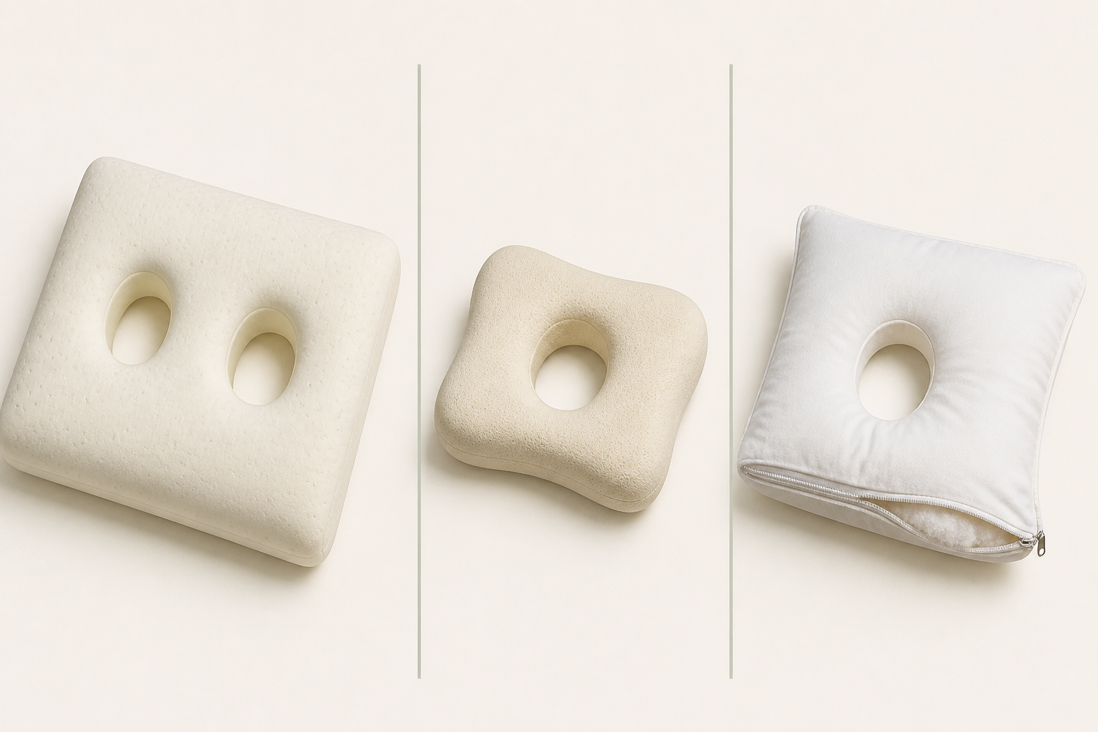 Full-size two-hole foam, compact one-hole foam and adjustable cotton-fill ear pillow constructions