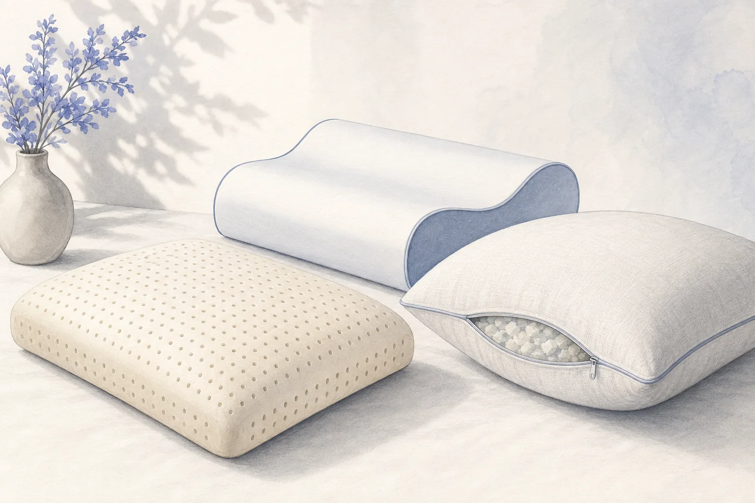 Editorial illustration comparing perforated latex, sculpted contour foam and adjustable shredded-fill pillows.