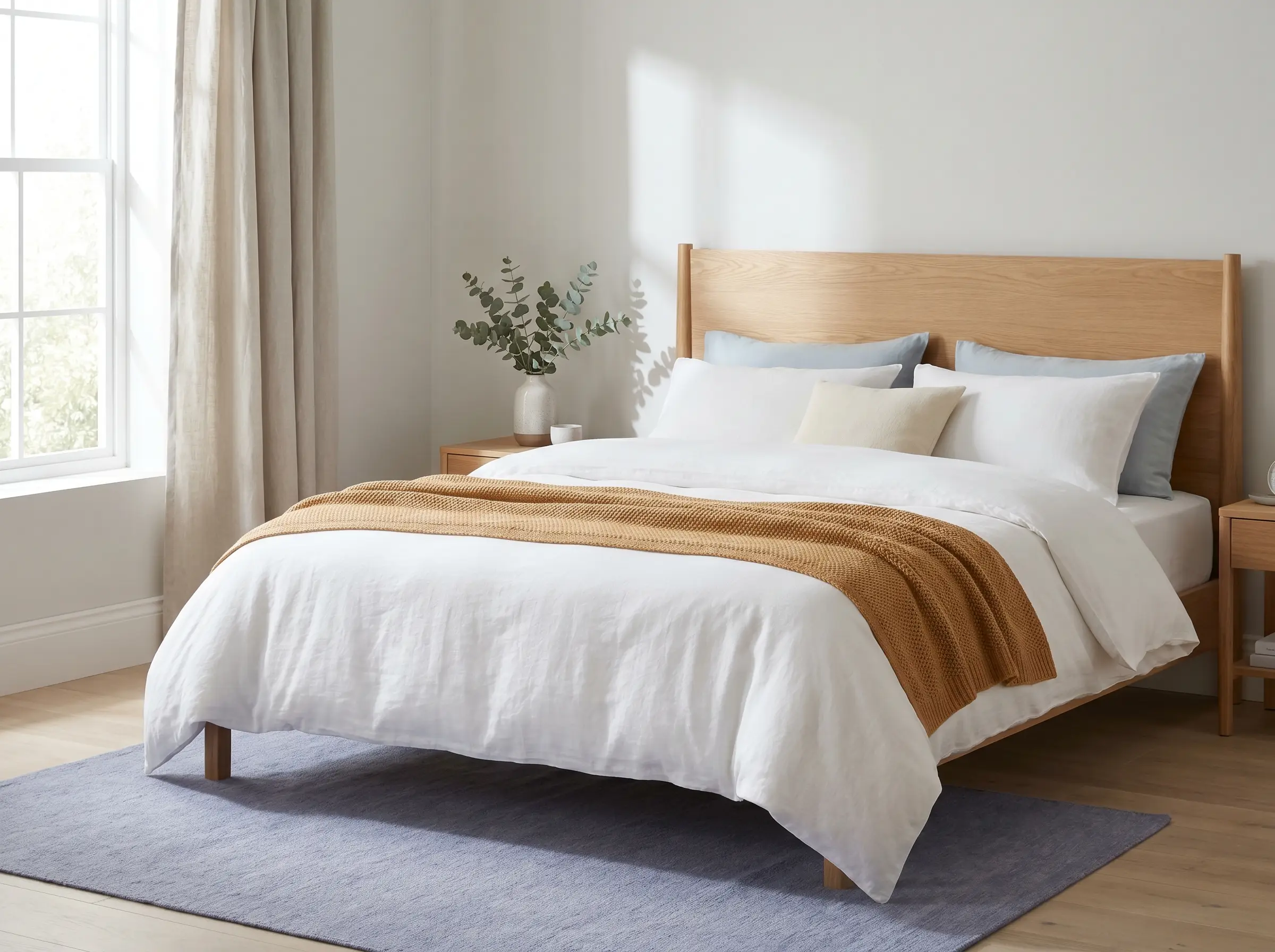 A calm Scandinavian bedroom with a neatly made bed, soft pillows and morning light.