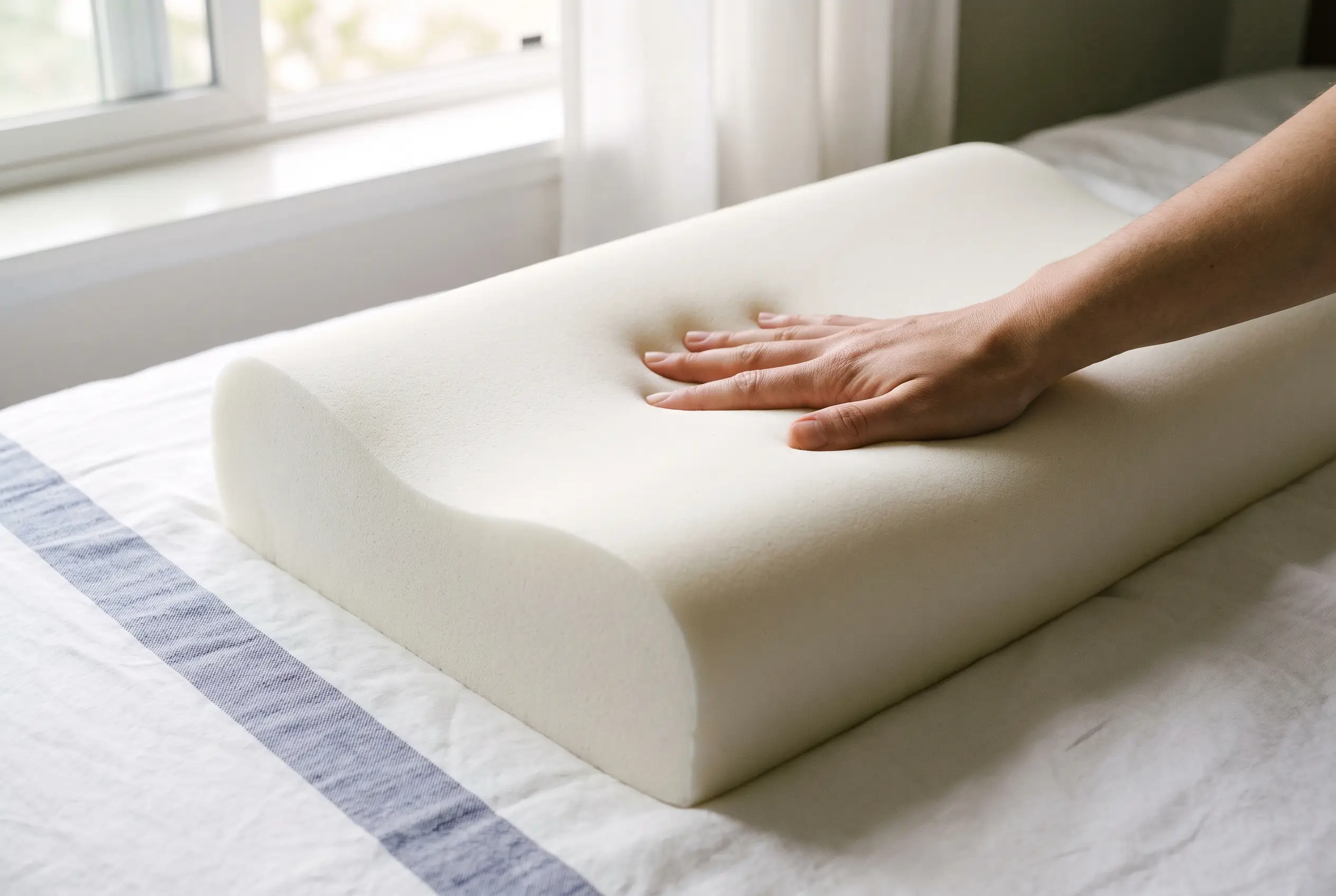 Close-up of a memory foam pillow's contouring surface on crisp white linen
