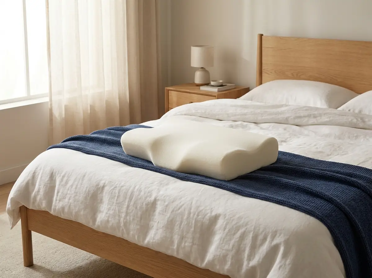 A sculpted memory foam contour pillow on a neatly made bed in a calm, modern bedroom.
