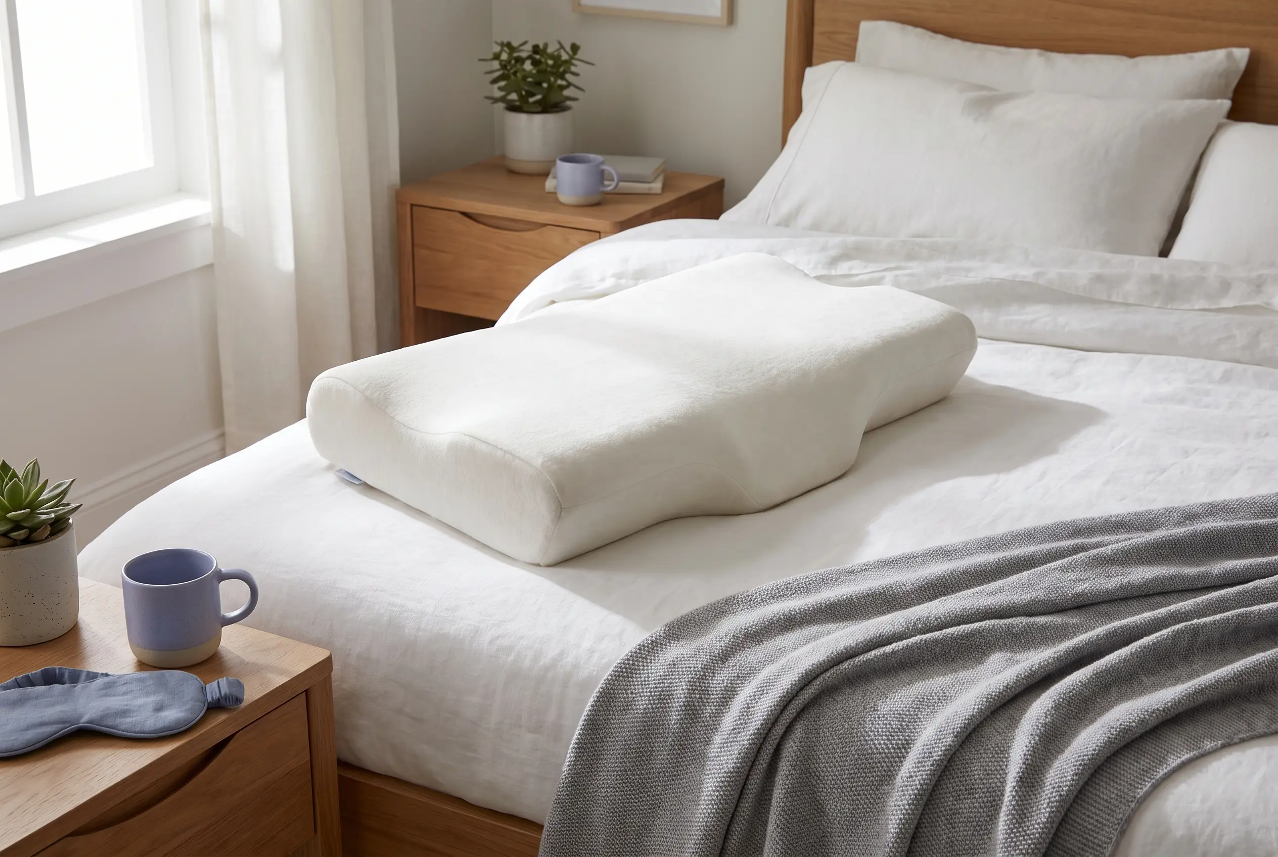 A supportive contour pillow on a crisp white bed with a folded grey blanket