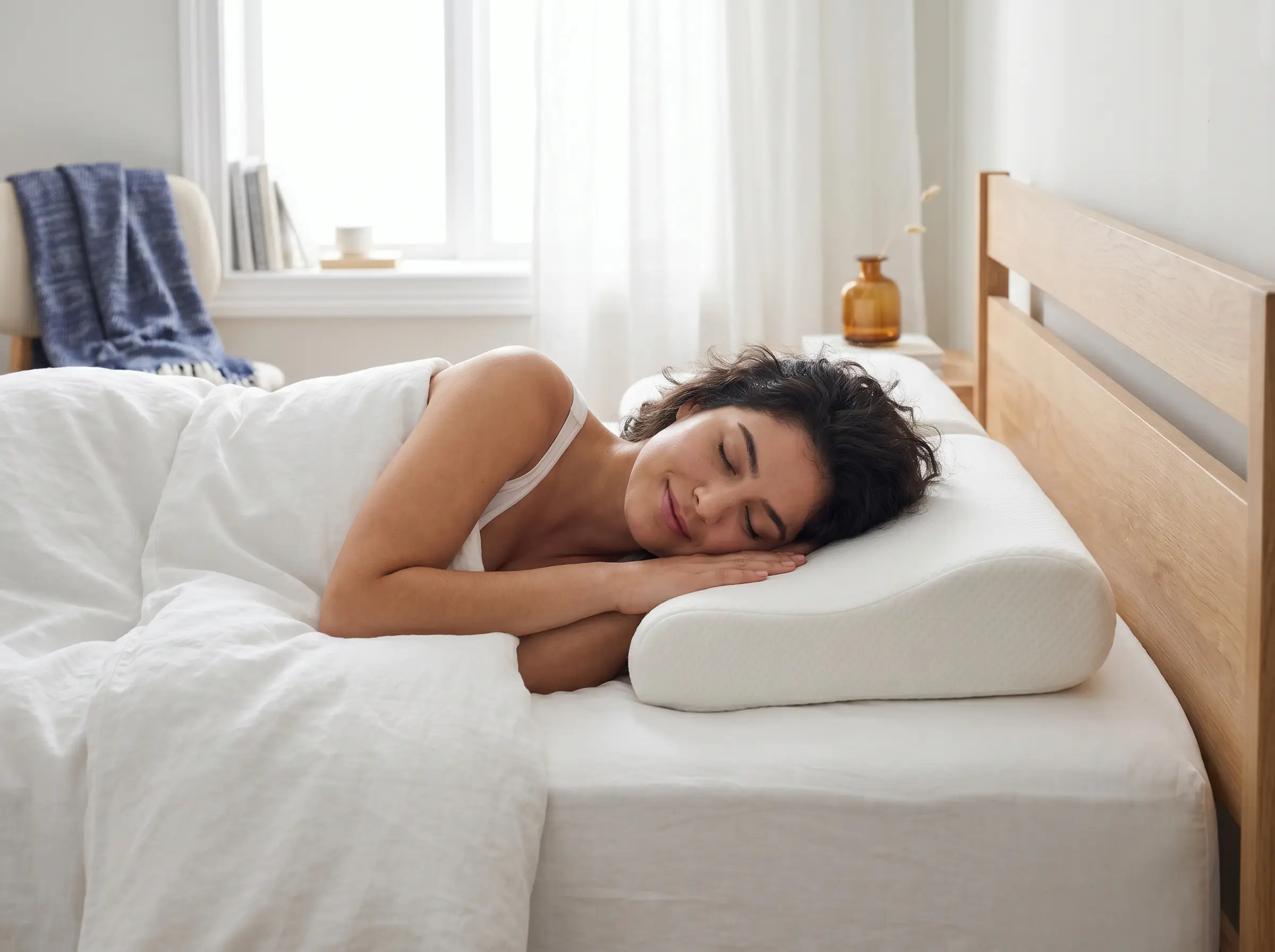 A woman sleeping peacefully with her head and neck supported on a memory-foam pillow.