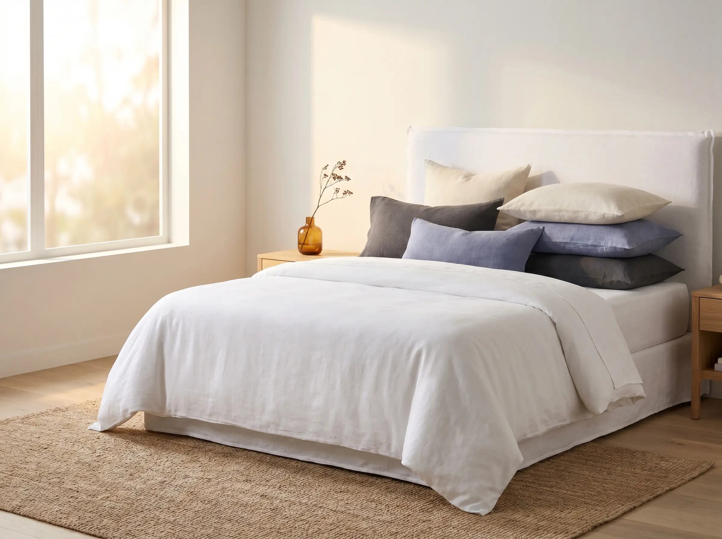 Several plush white, grey and pale-indigo pillows arranged on a crisp white linen bed.