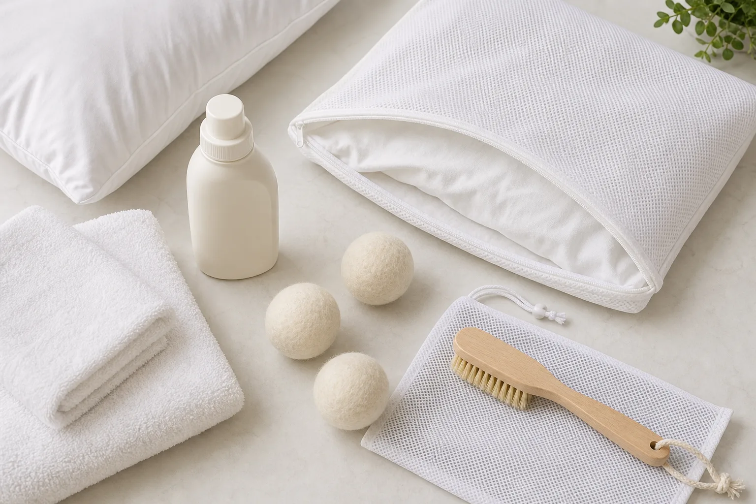 Neutral pillow-care accessories with a protector, towels, wash bag, and dryer balls
