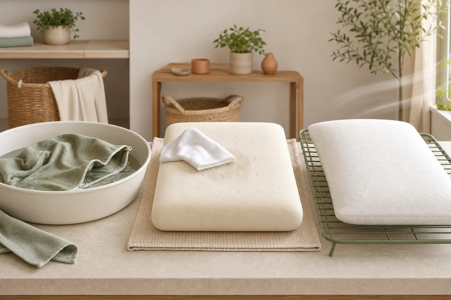 Safe pillow care sequence with a washed cover, spot-cleaned foam and flat air-drying