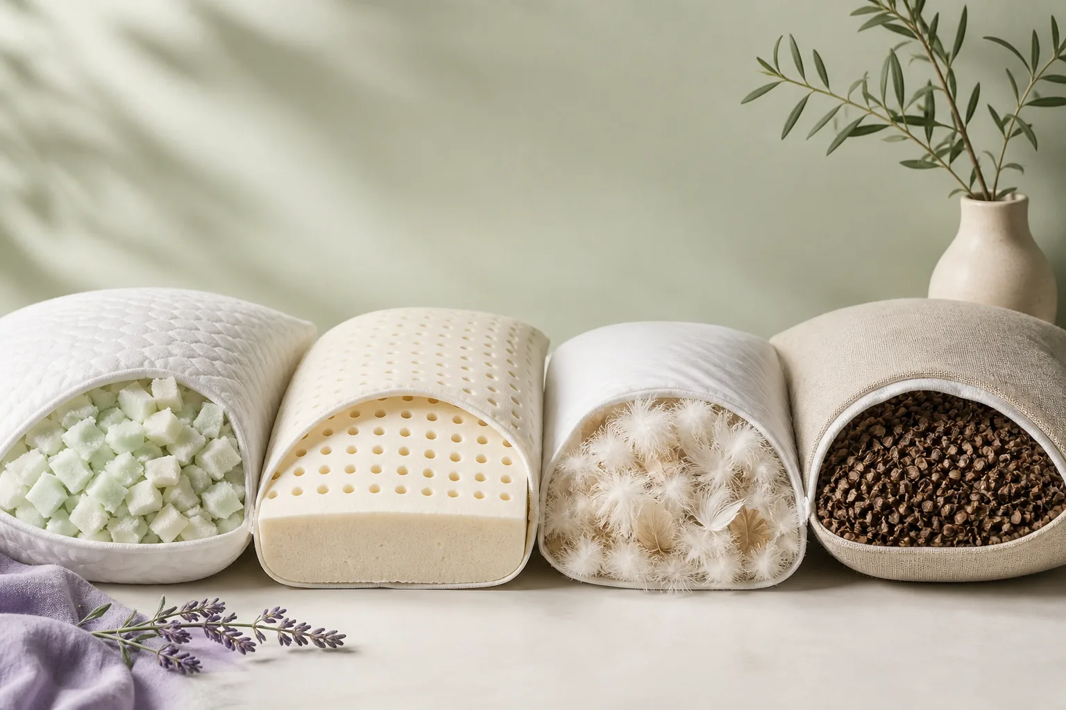 Different pillow core shapes and materials shown in educational cutaway