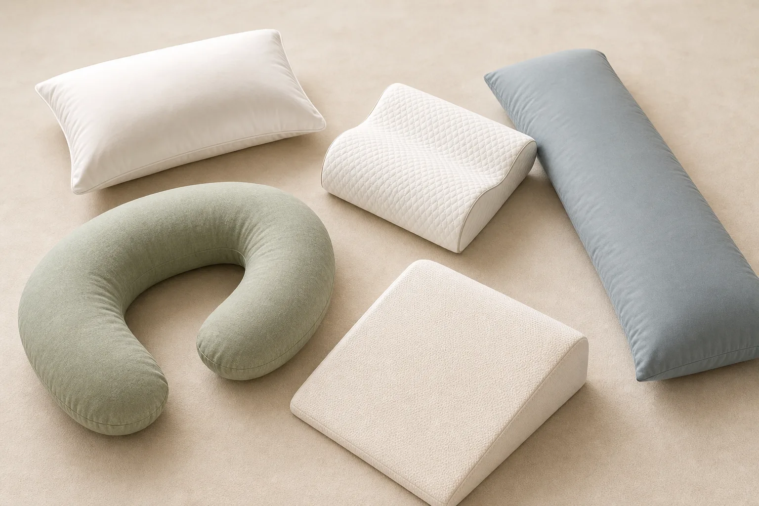A contoured cervical pillow beside a conventional rectangular bed pillow