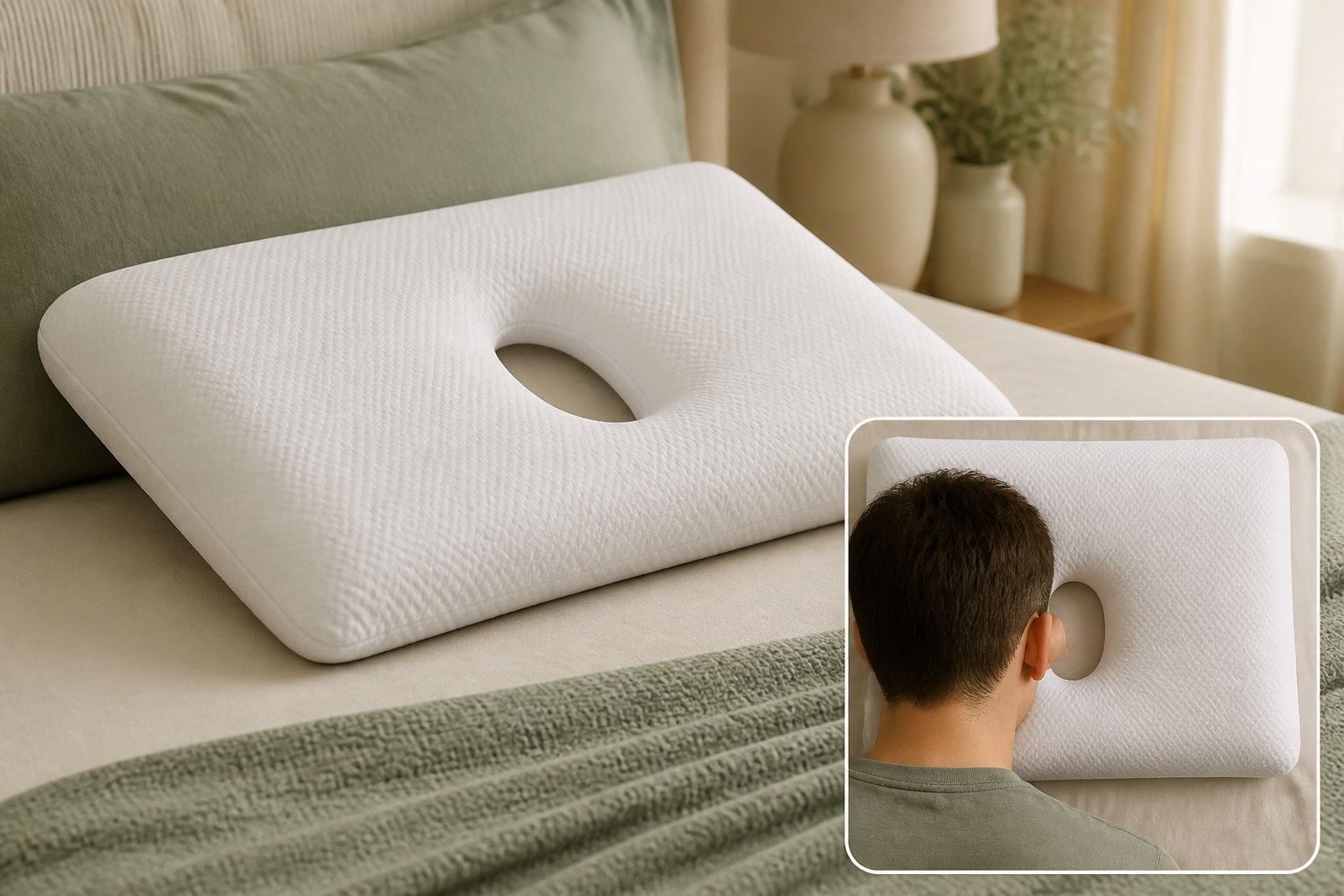 Full-size pillow with a central oval ear opening shown with a safe alignment example