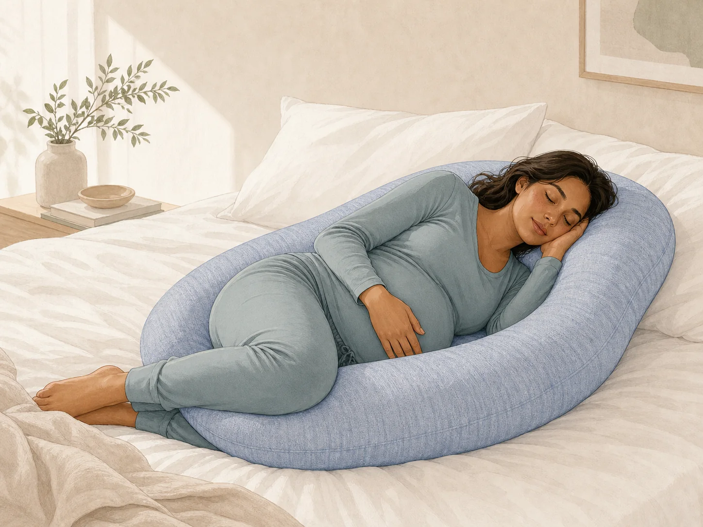 Editorial illustration of a pregnant adult resting on her side inside a supportive U-shaped pregnancy pillow.