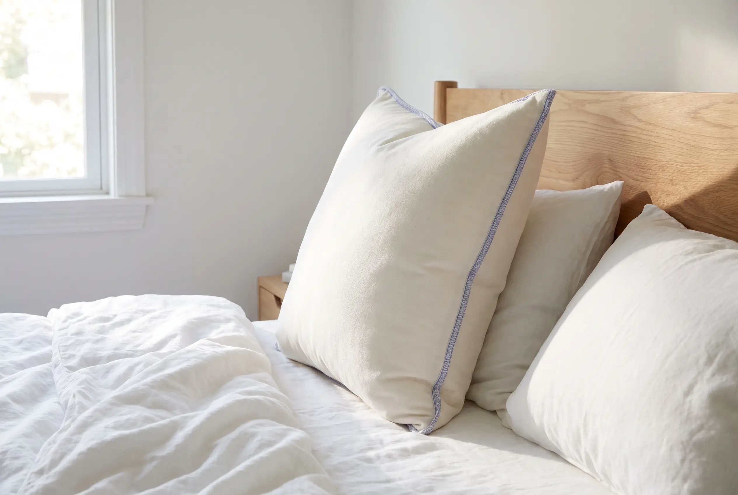 A tall, firm pillow standing upright against a headboard on white linen