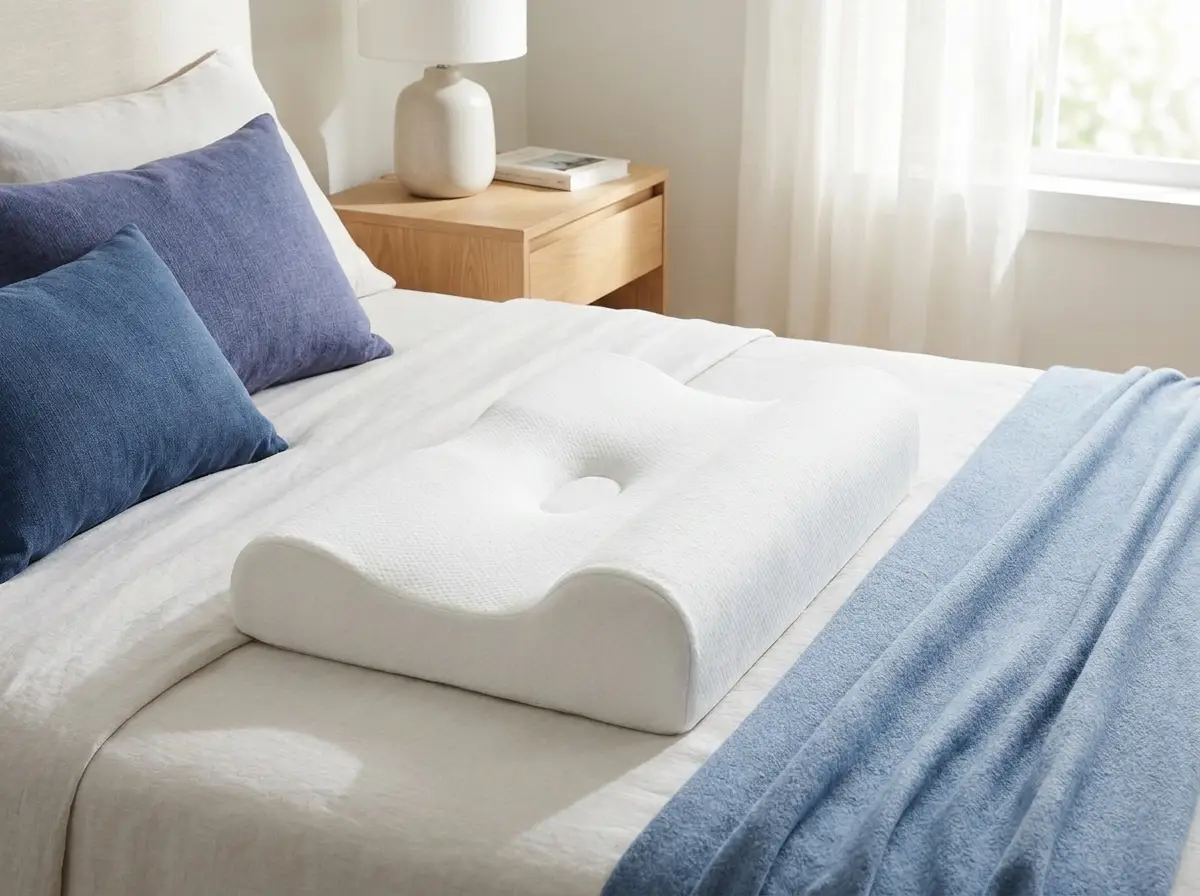 An ergonomic contour pillow with a raised neck bolster on a neatly made bed in a calm bedroom.