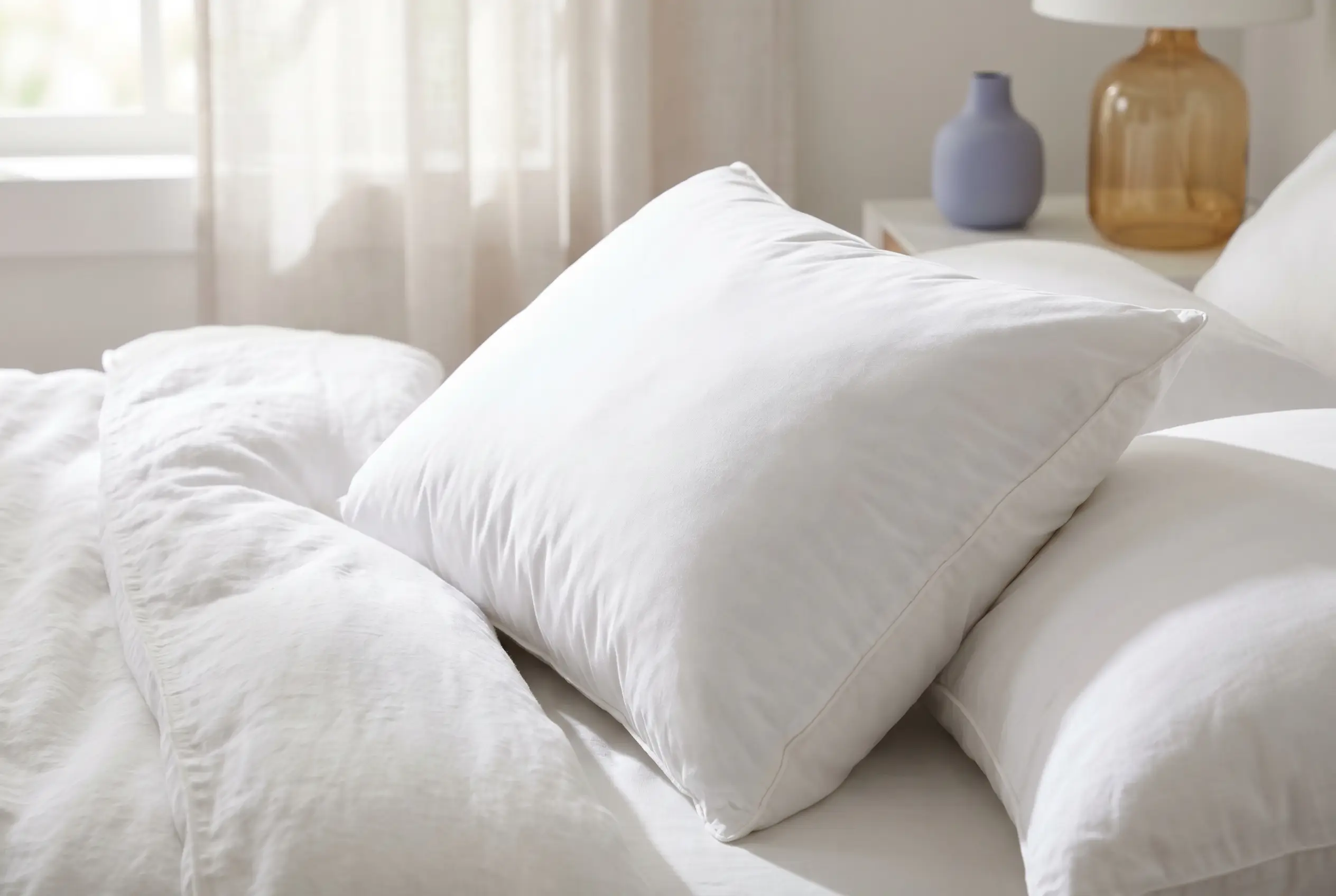 A plush, medium-high white pillow on a white bed, its supportive loft visible from the side.