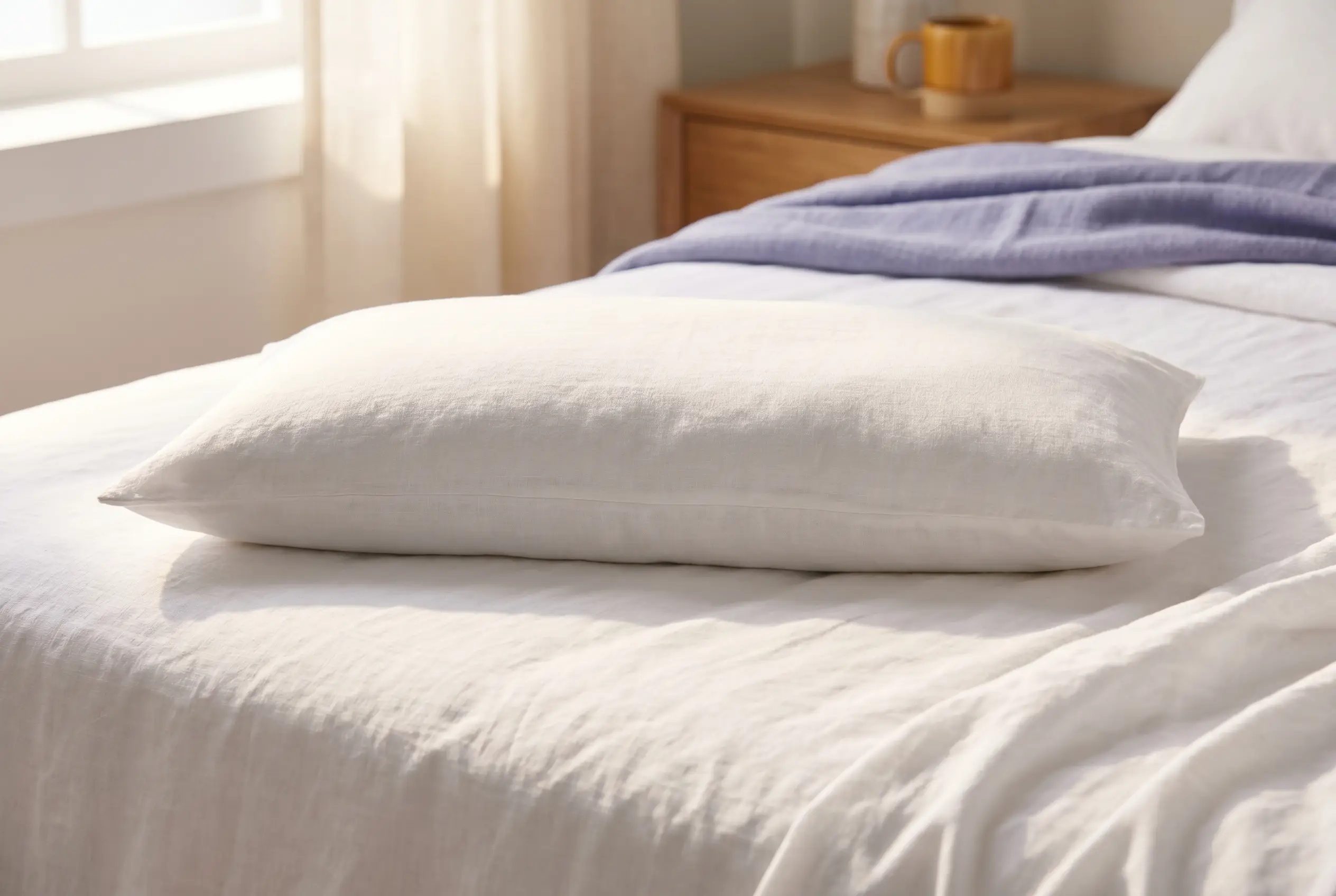 A thin, low-profile soft white pillow lying flat on a white bed, shown from the side.