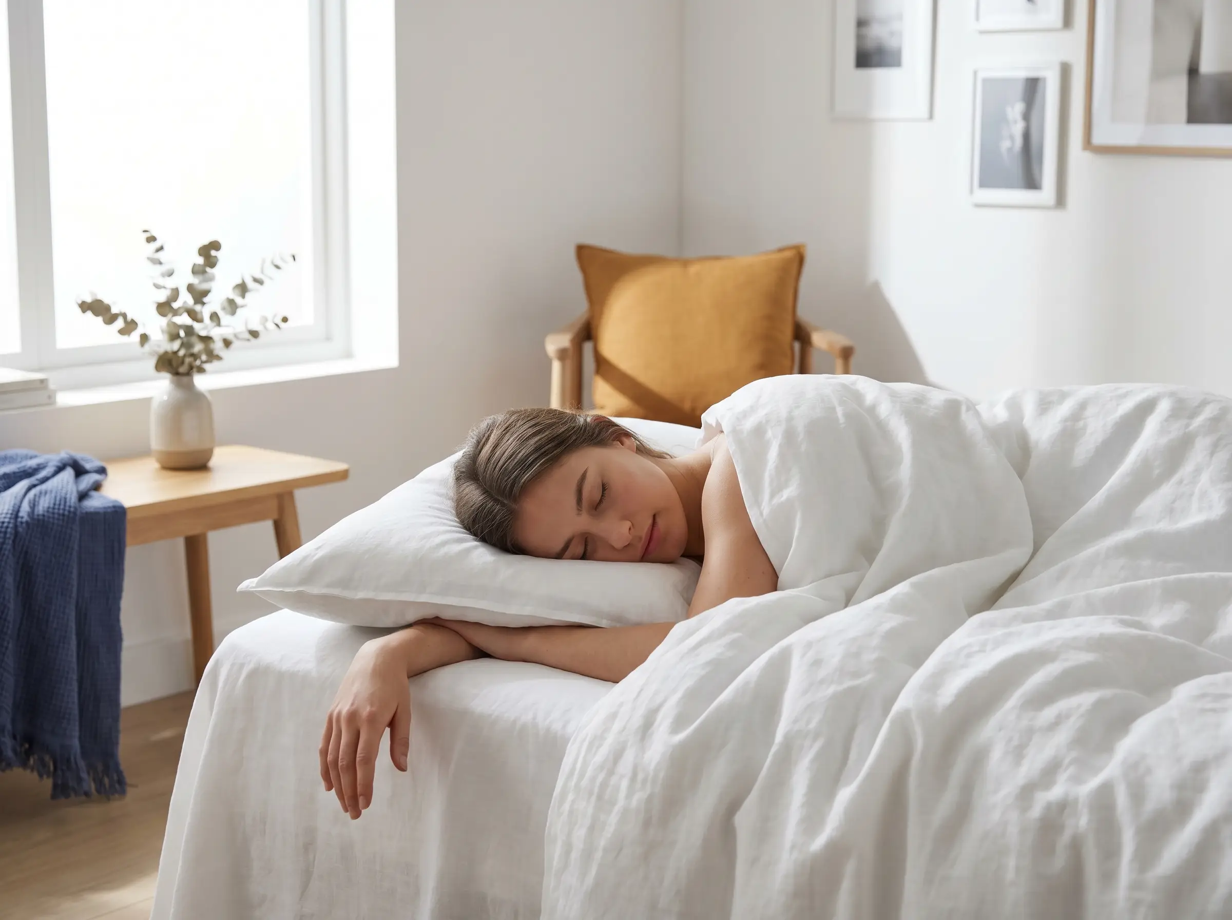 A person sleeping on their stomach with their head turned, resting on a thin, low-profile pillow.